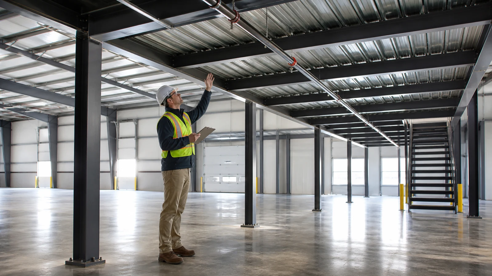 Inspector checks sprinkler clearance beneath a warehouse steel mezzanine