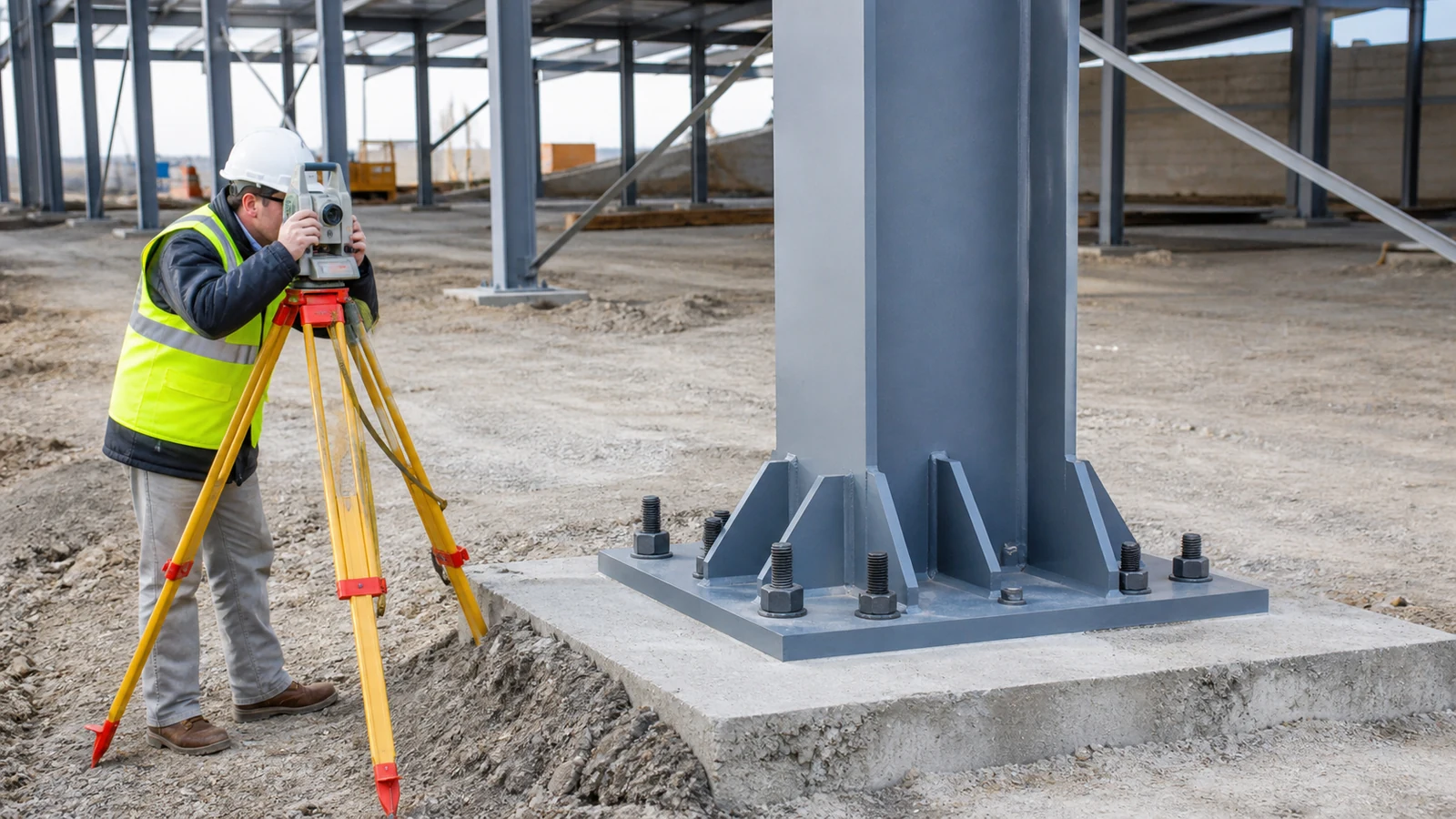 Survey crew checks anchor bolts and concrete pedestals before office steel erection.