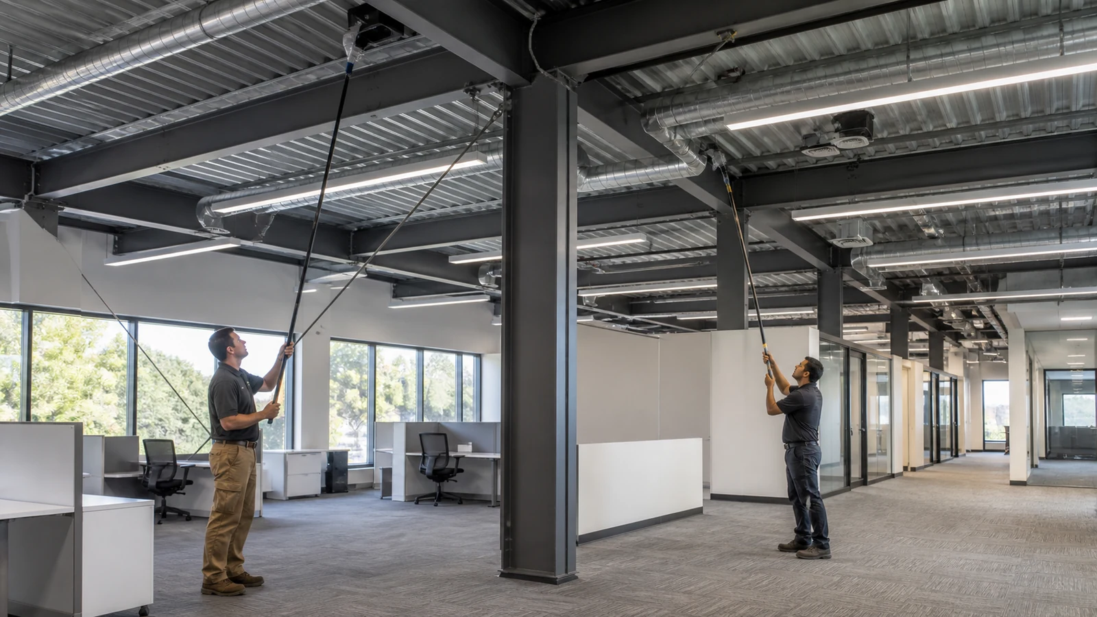 Technicians commission office air systems using telescoping instruments from floor level.