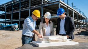 Project team reviews a steel office building model and coordination drawings.