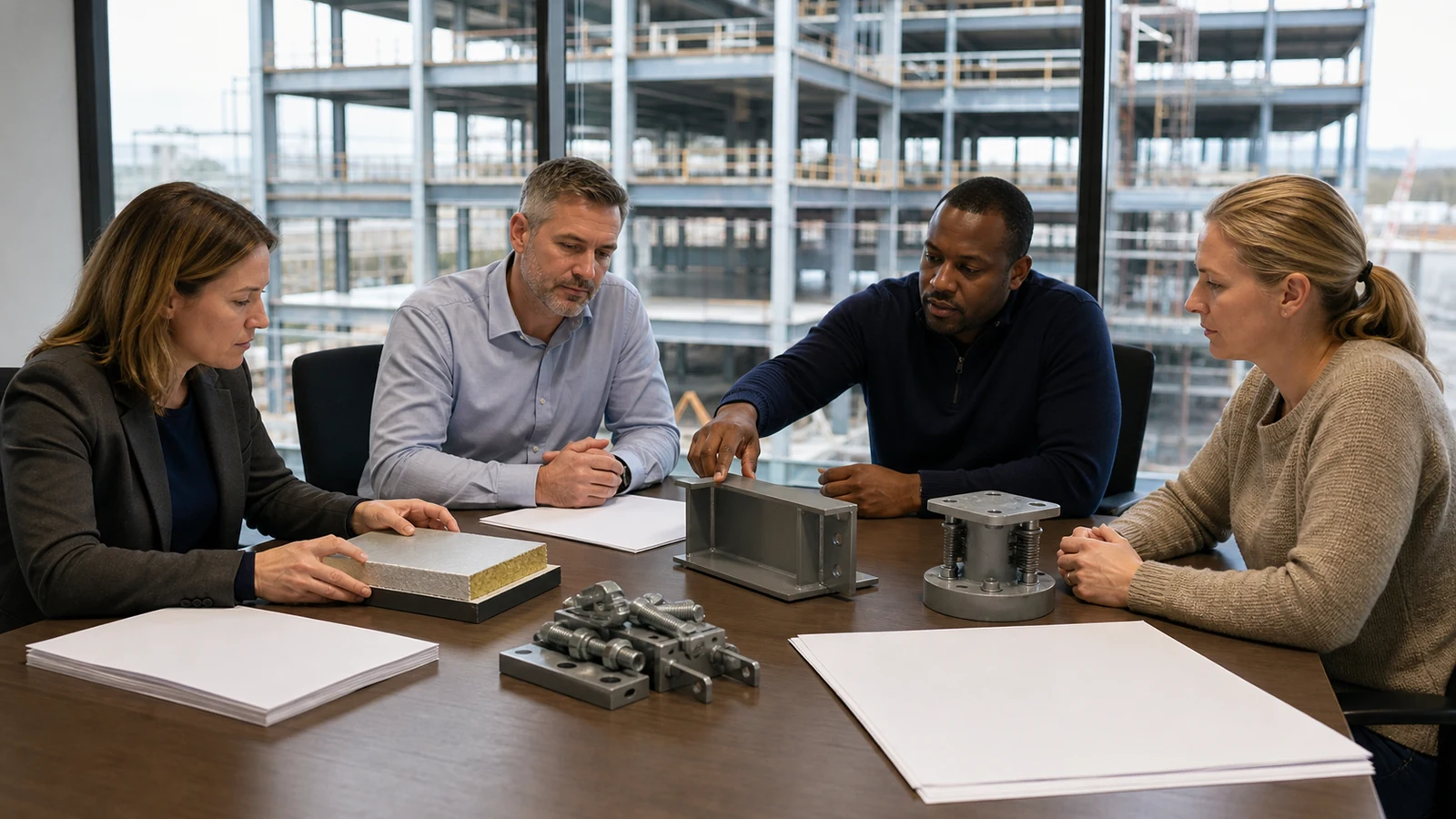 Procurement team compares building samples and bids for a steel office project
