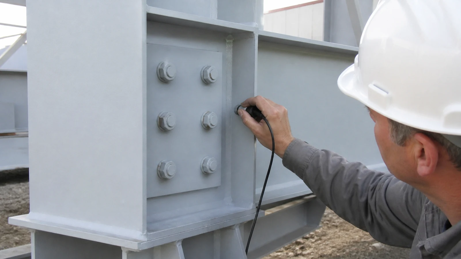 Inspector checks bolts, welds, and coating continuity at an office steel connection.