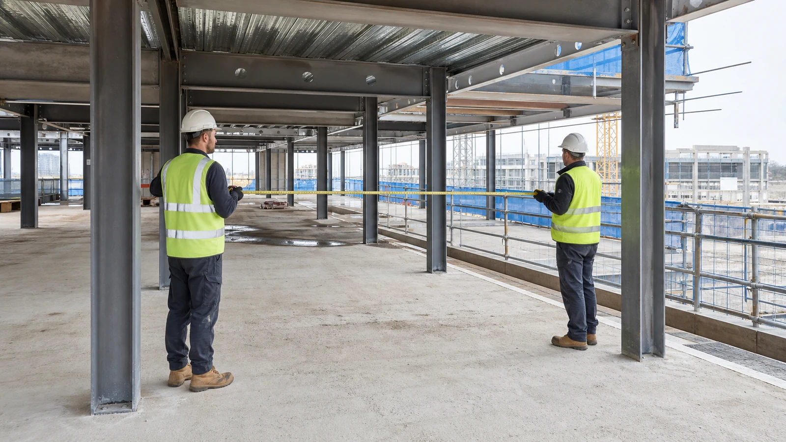 Estimator measures completed steel framing during an office cost-control walk