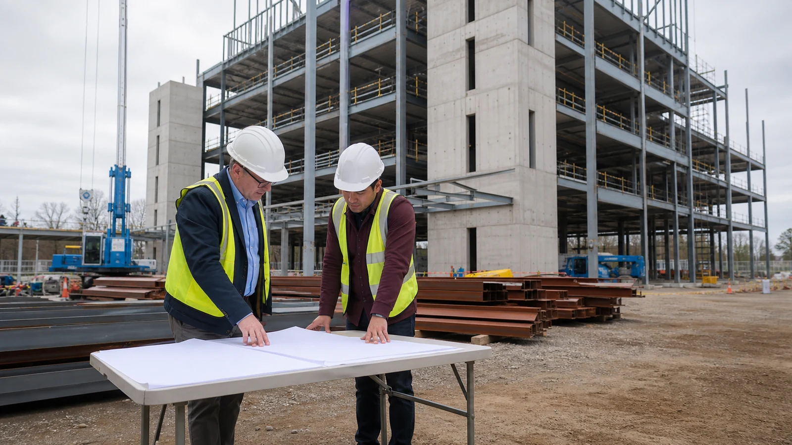 Developer and estimator review cost scope beside a multi-storey steel office frame