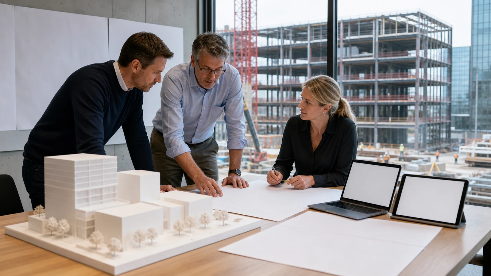 Design team compares office massing and drawings for staged construction estimates
