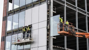 Crew installs panels and glazing on a multi-storey steel office building