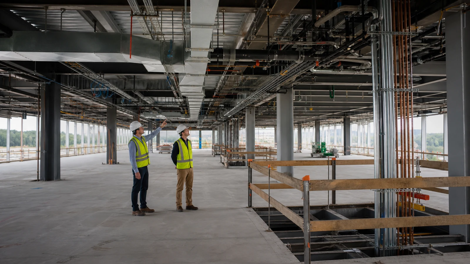 Engineers inspect ducts, cable trays, pipes, and risers in a steel office