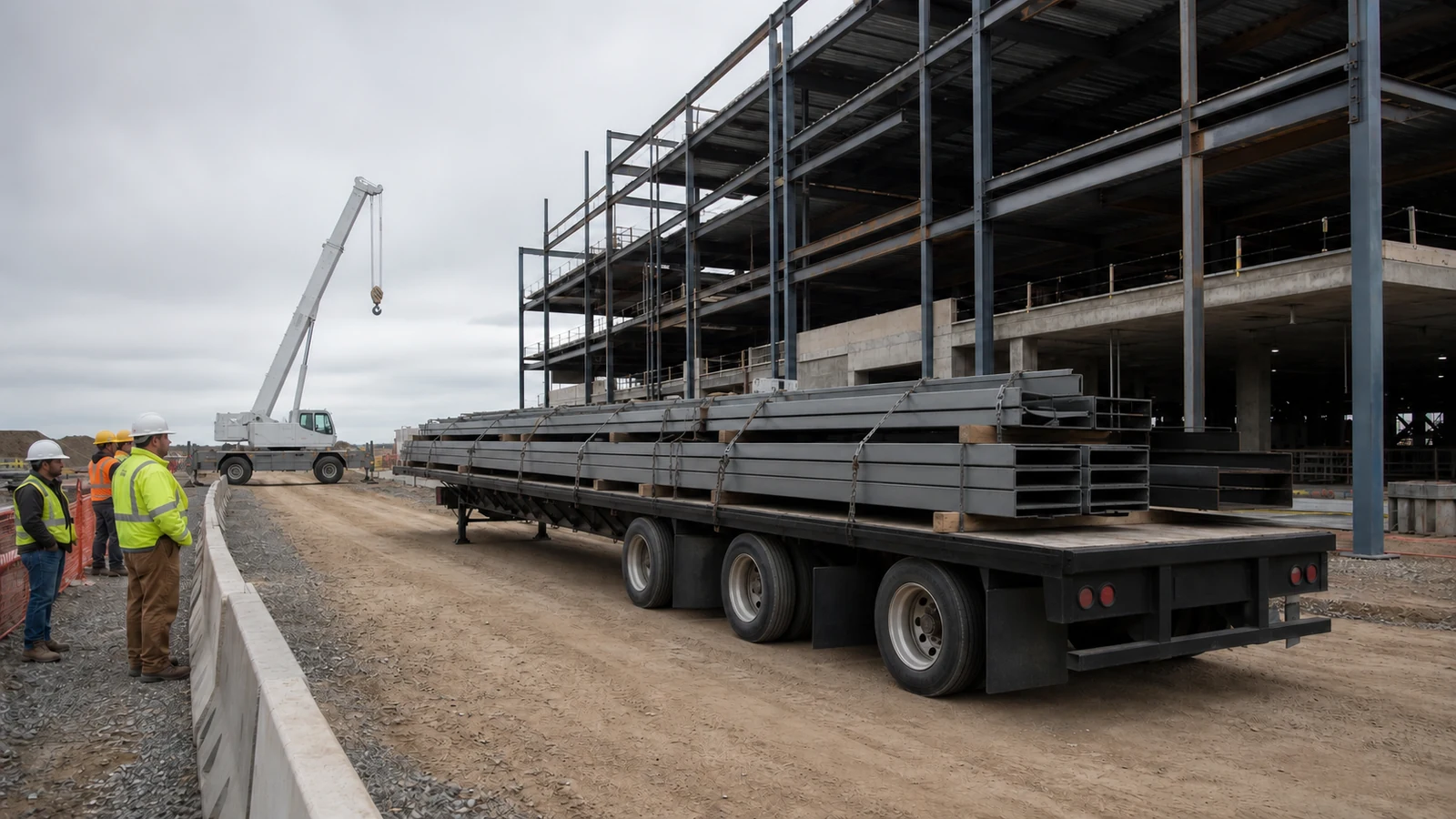 Steel packages arrive by truck and crane at an overseas office construction site