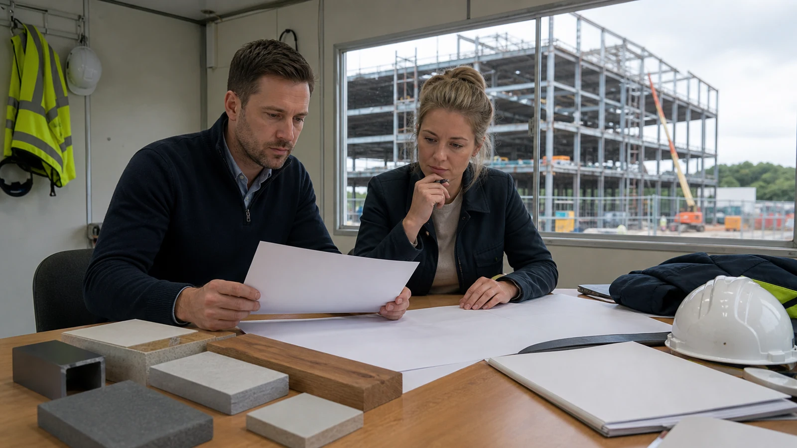 Project manager and estimator review risks overlooking a steel office site