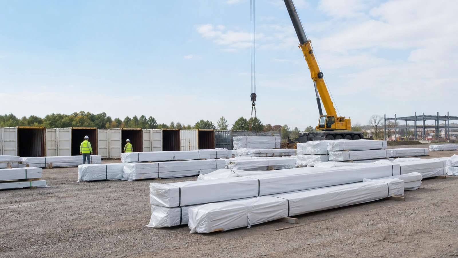 Sequenced steel members arrive protected and organized at an office building site.
