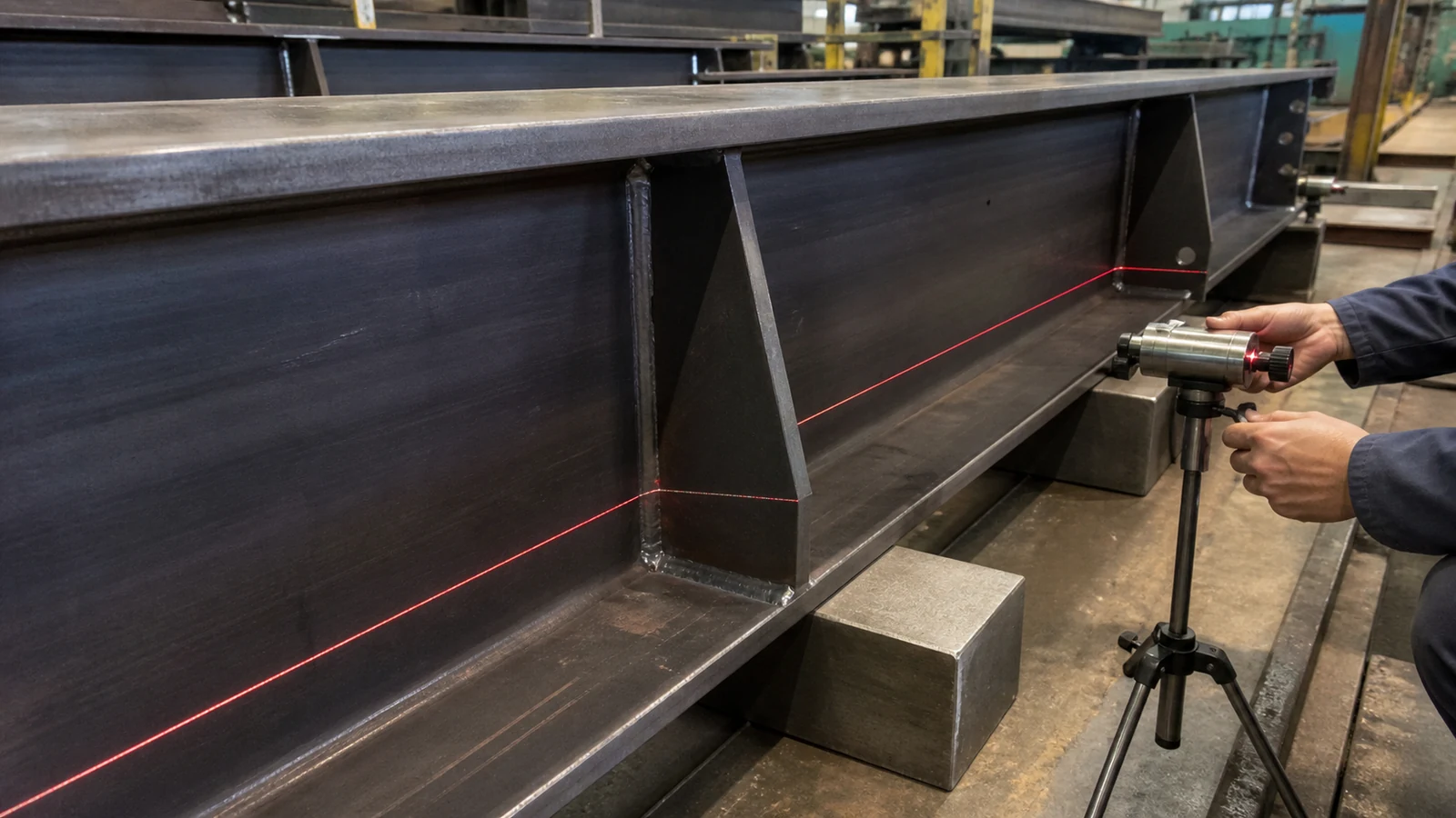 Fabricator checks an office steel connection assembly with an unmarked laser alignment tool.