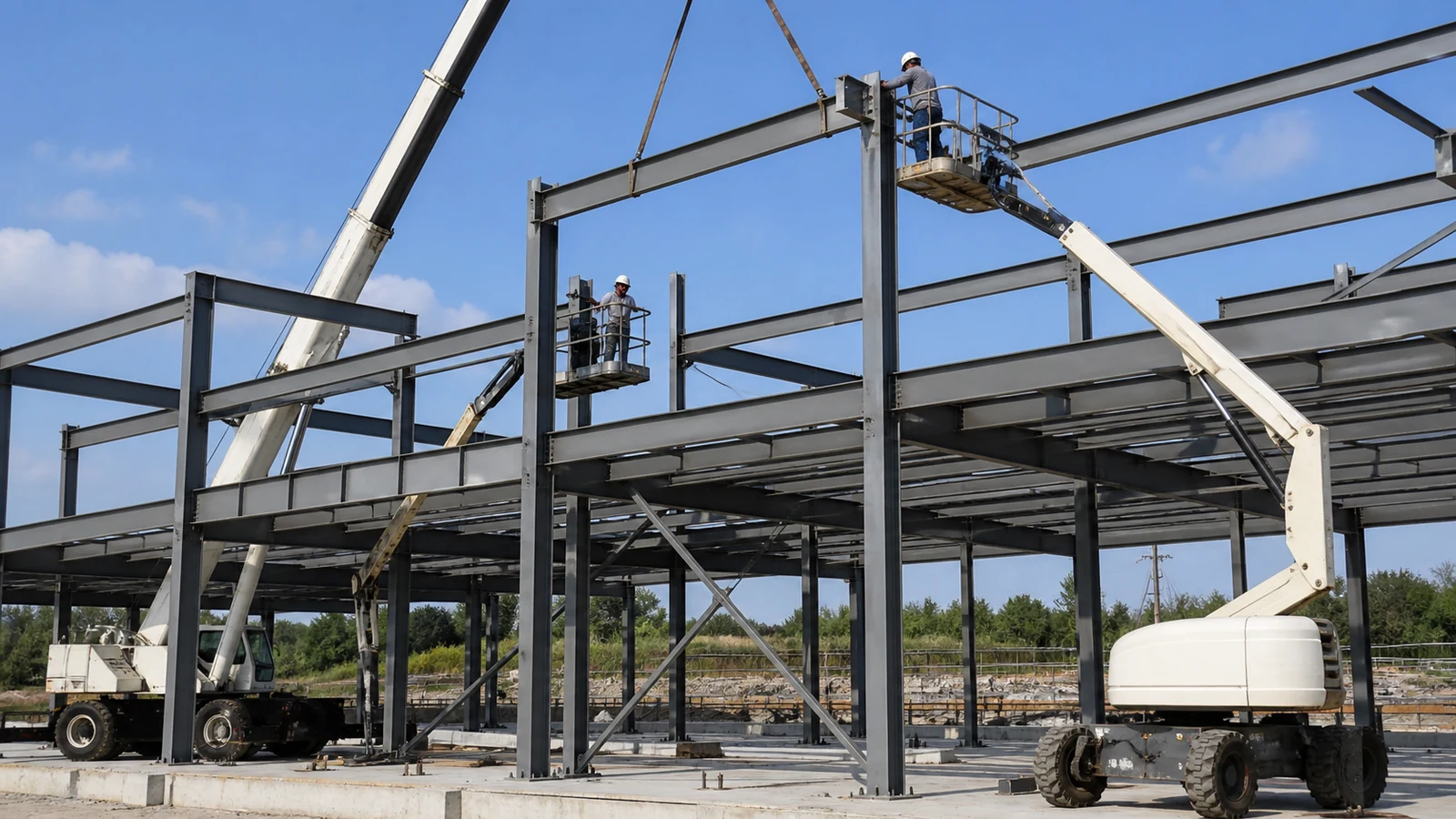 Crew erects a multi-storey steel office frame using safe access platforms and lifting gear.