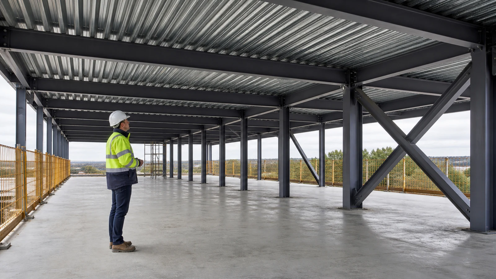 Engineer inspects composite steel floors, bracing, and office column grids
