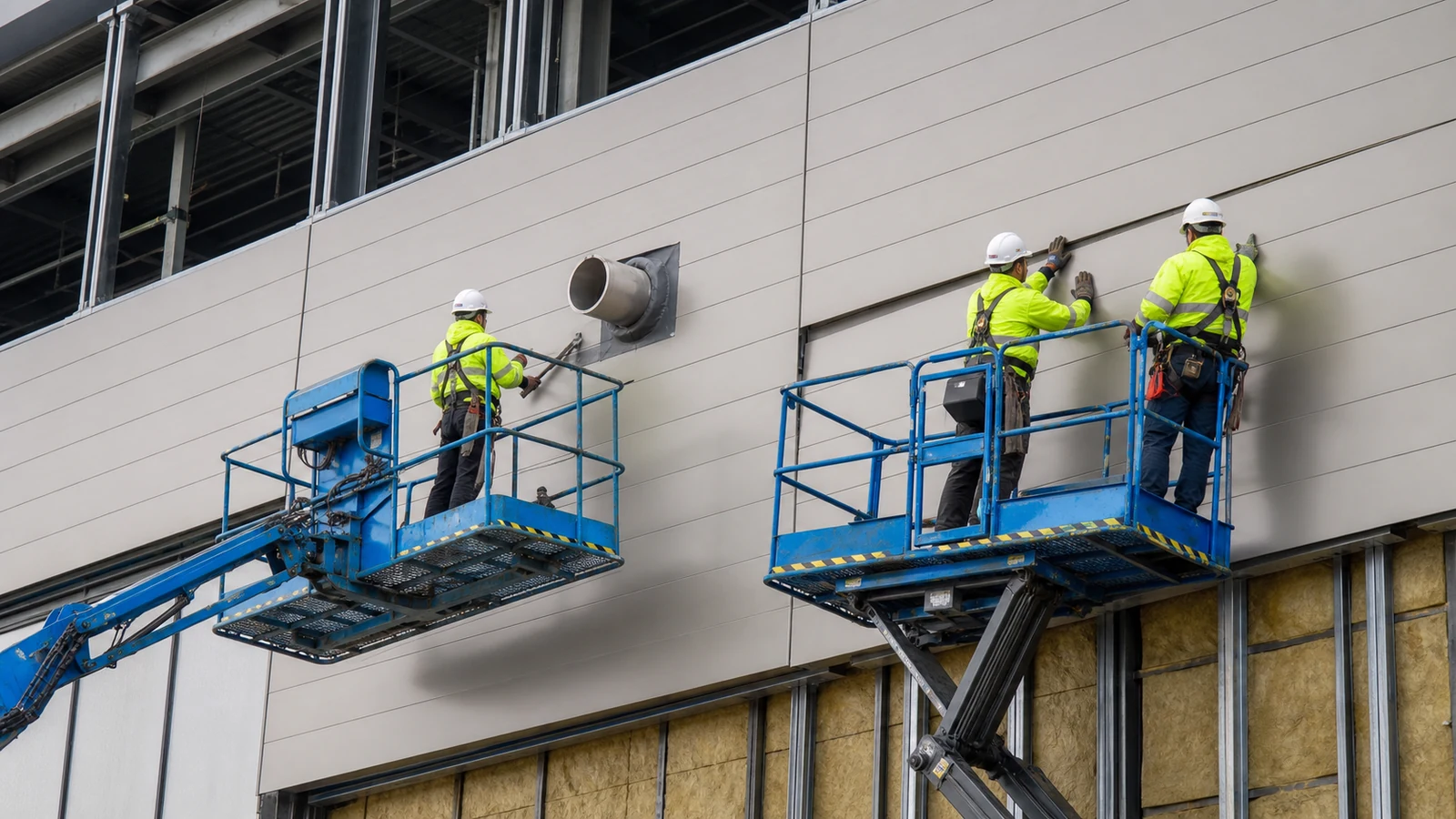 Workers install office wall panels from guarded access platforms on a steel frame.