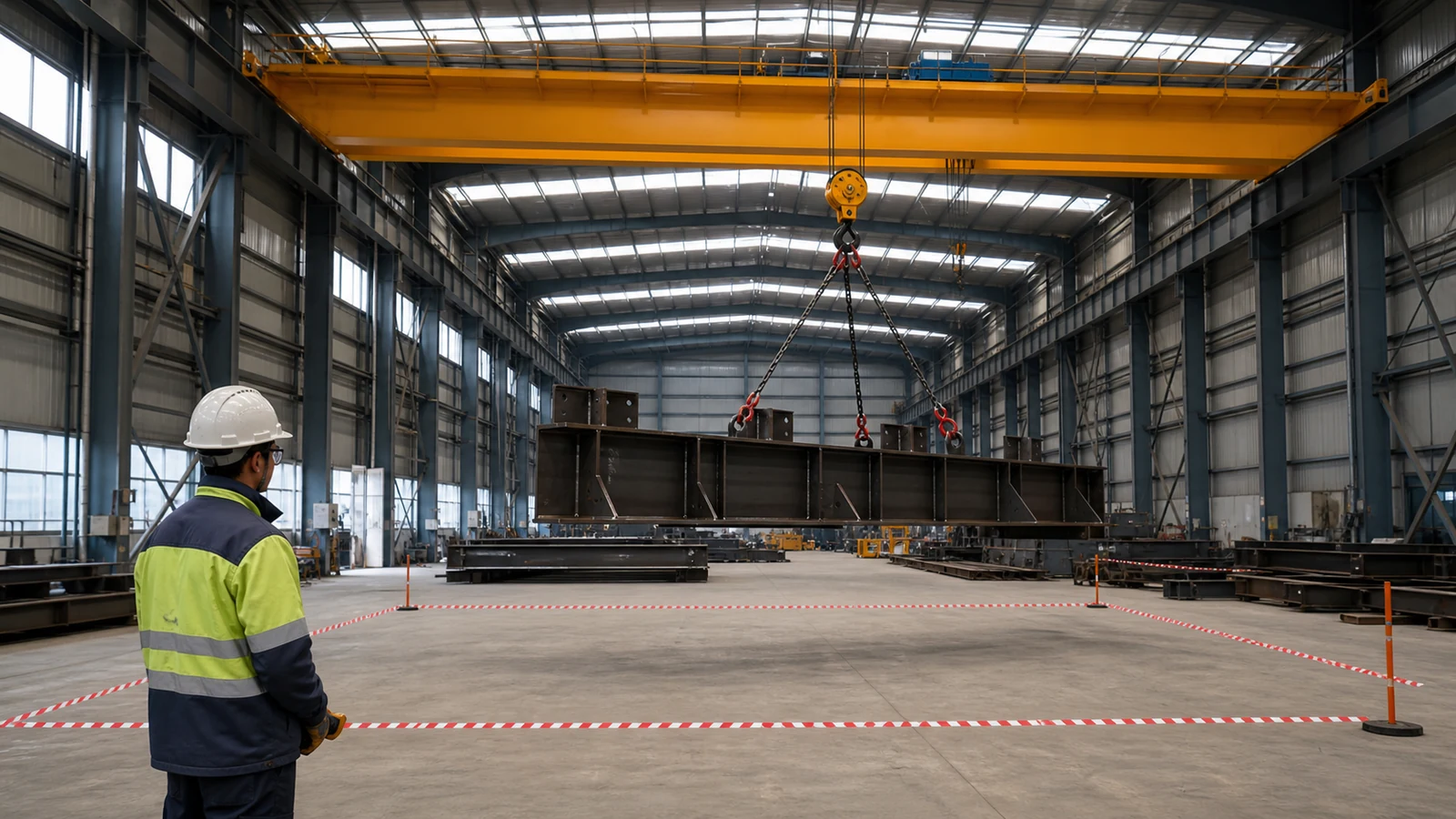 Engineer observes repeated material handling by a bridge crane inside a workshop