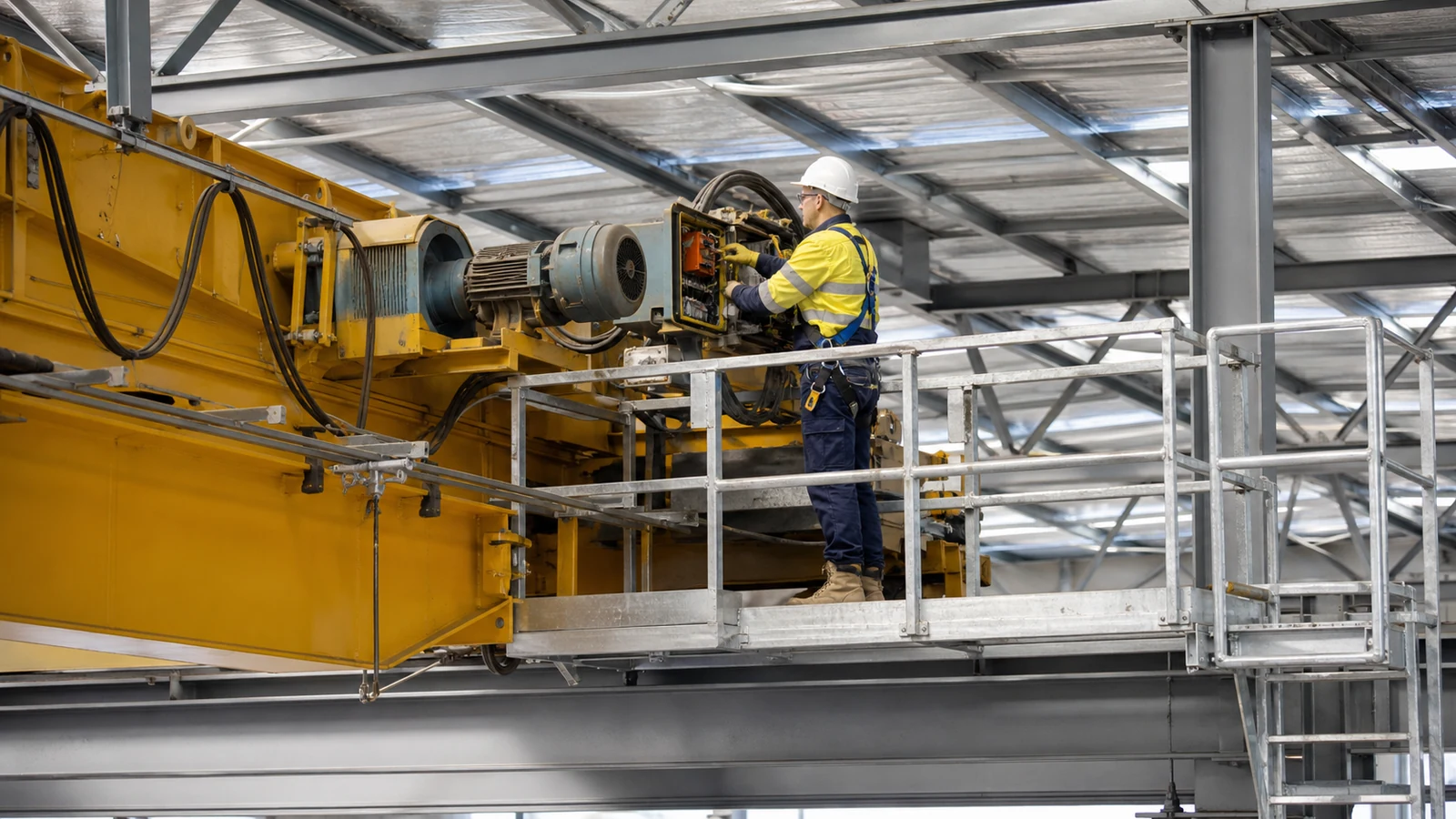 Safe maintenance platform and electrical isolation area beside an overhead crane