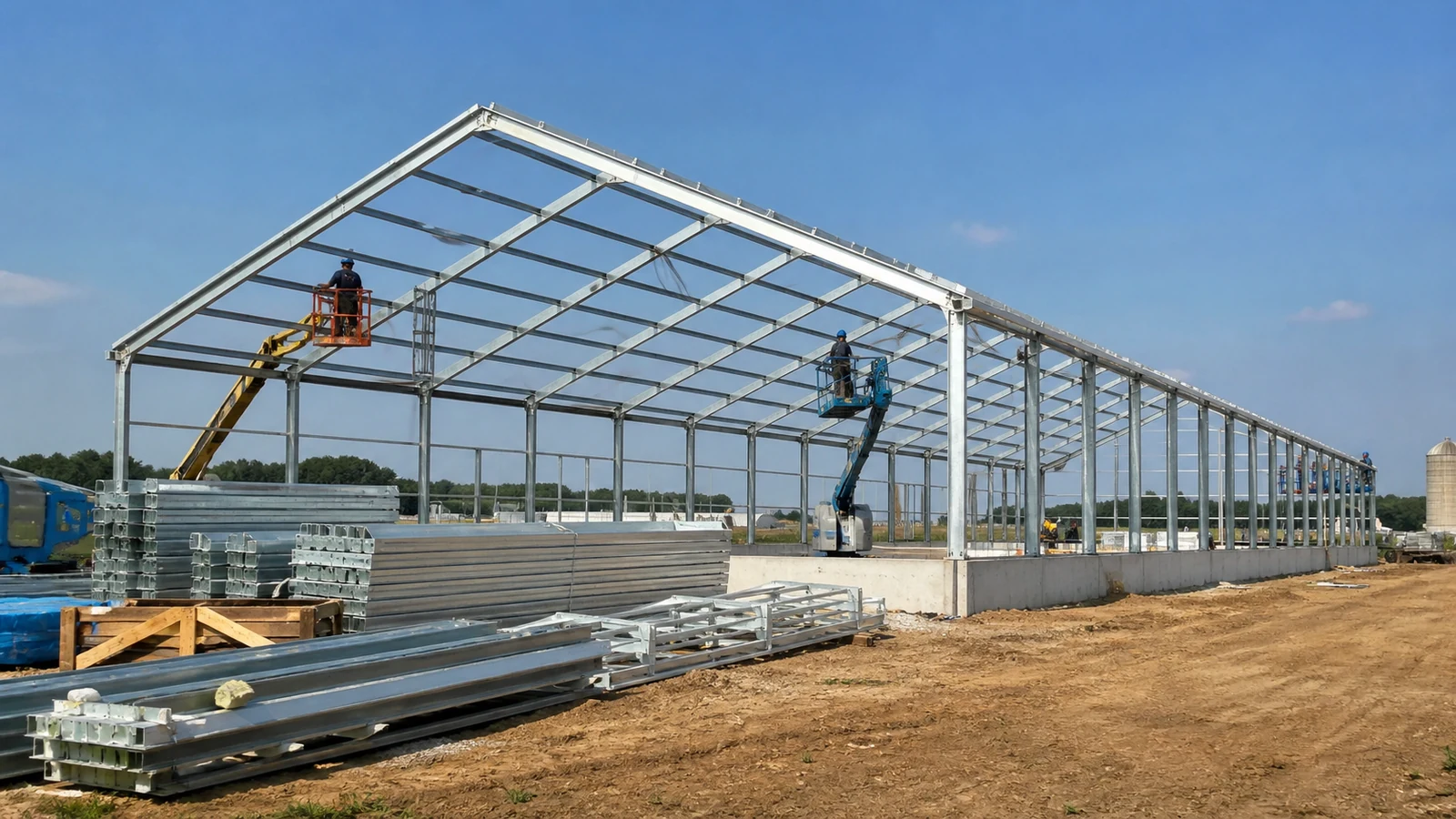Crews safely erect a steel poultry house beside organized building components