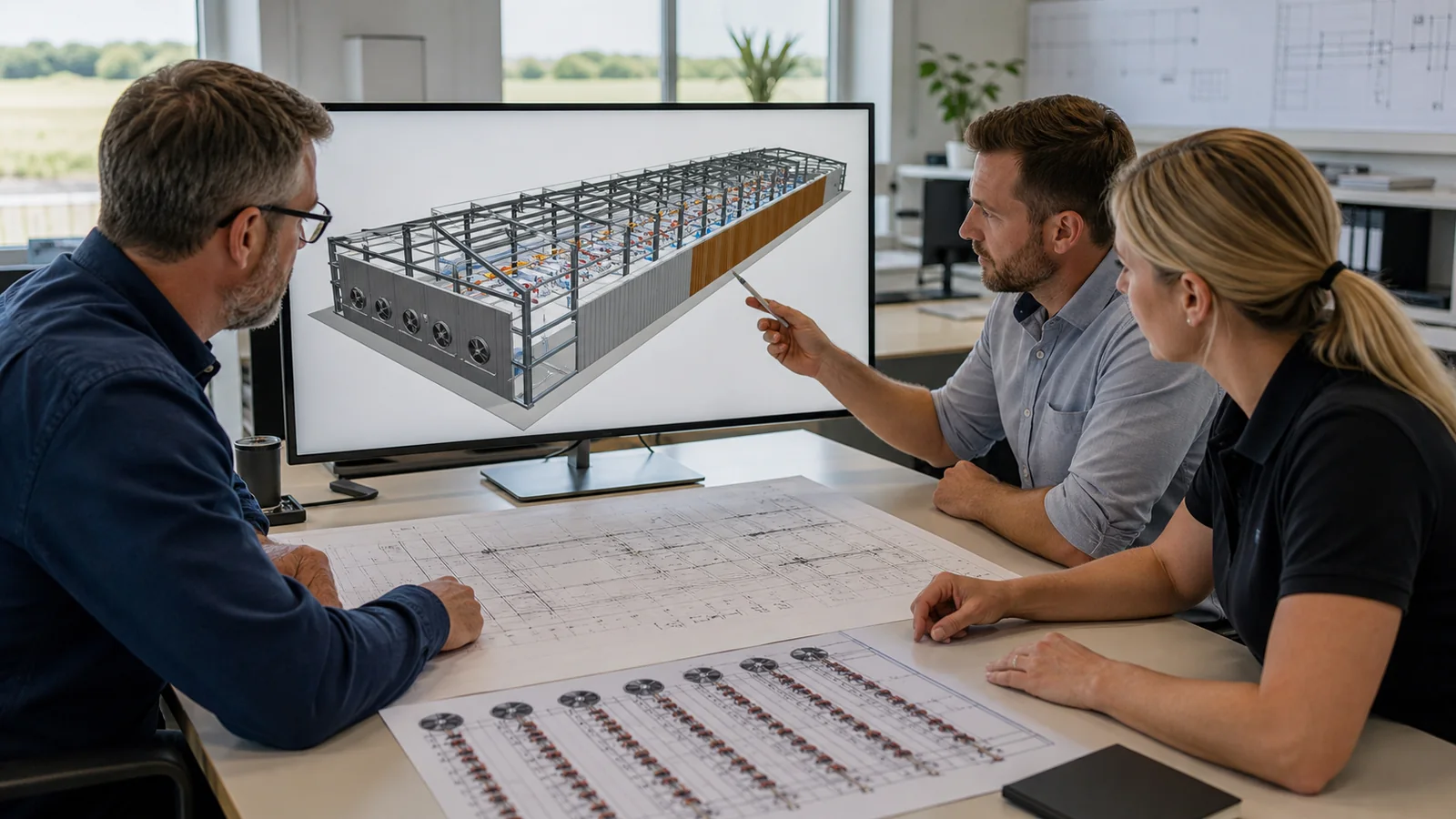 Poultry Building Design Coordination Farm owner and engineers review a steel chicken house model, equipment layout, and drawings.