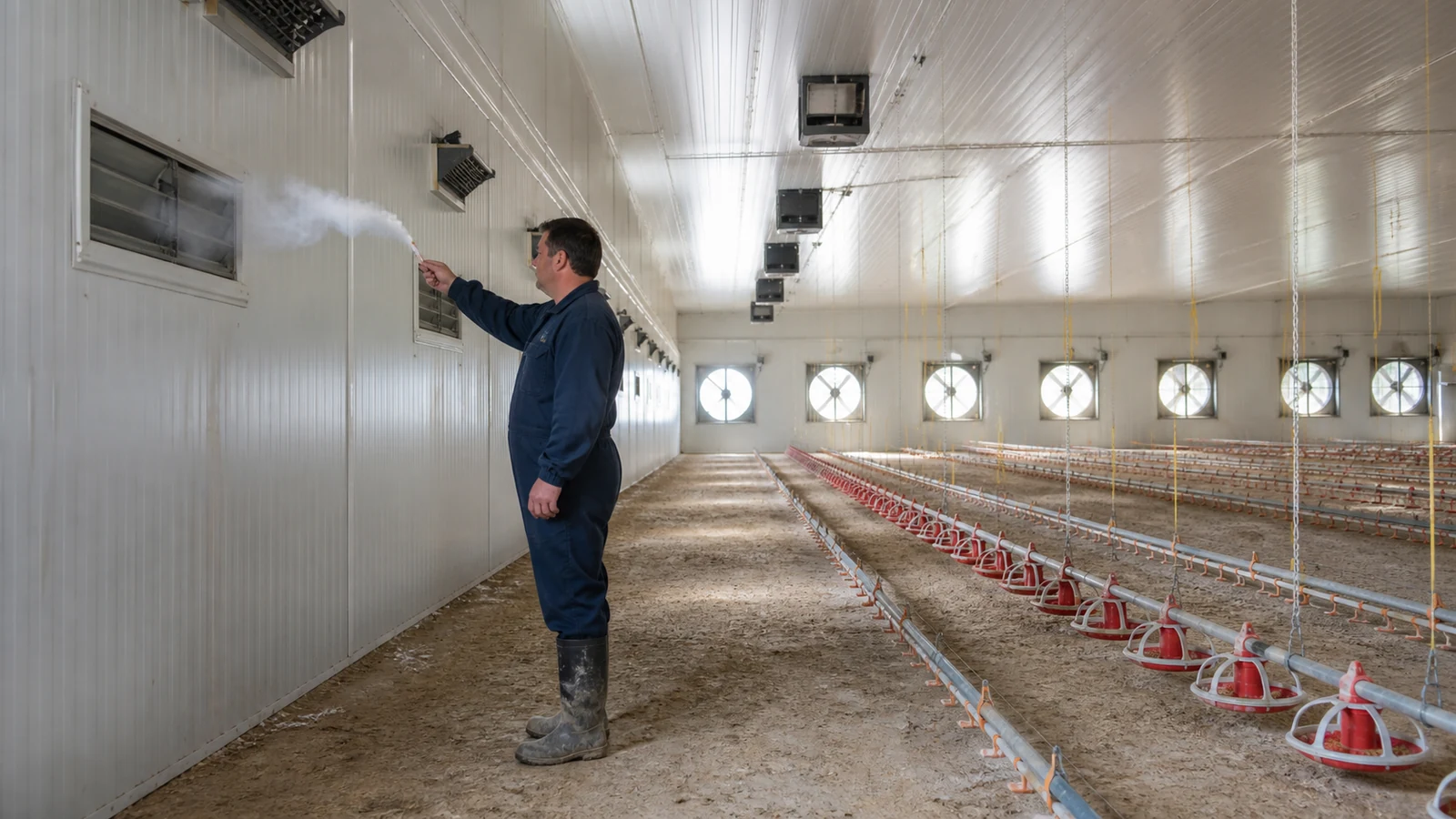 Engineer uses smoke to check inlet airflow inside an empty insulated commercial broiler house.