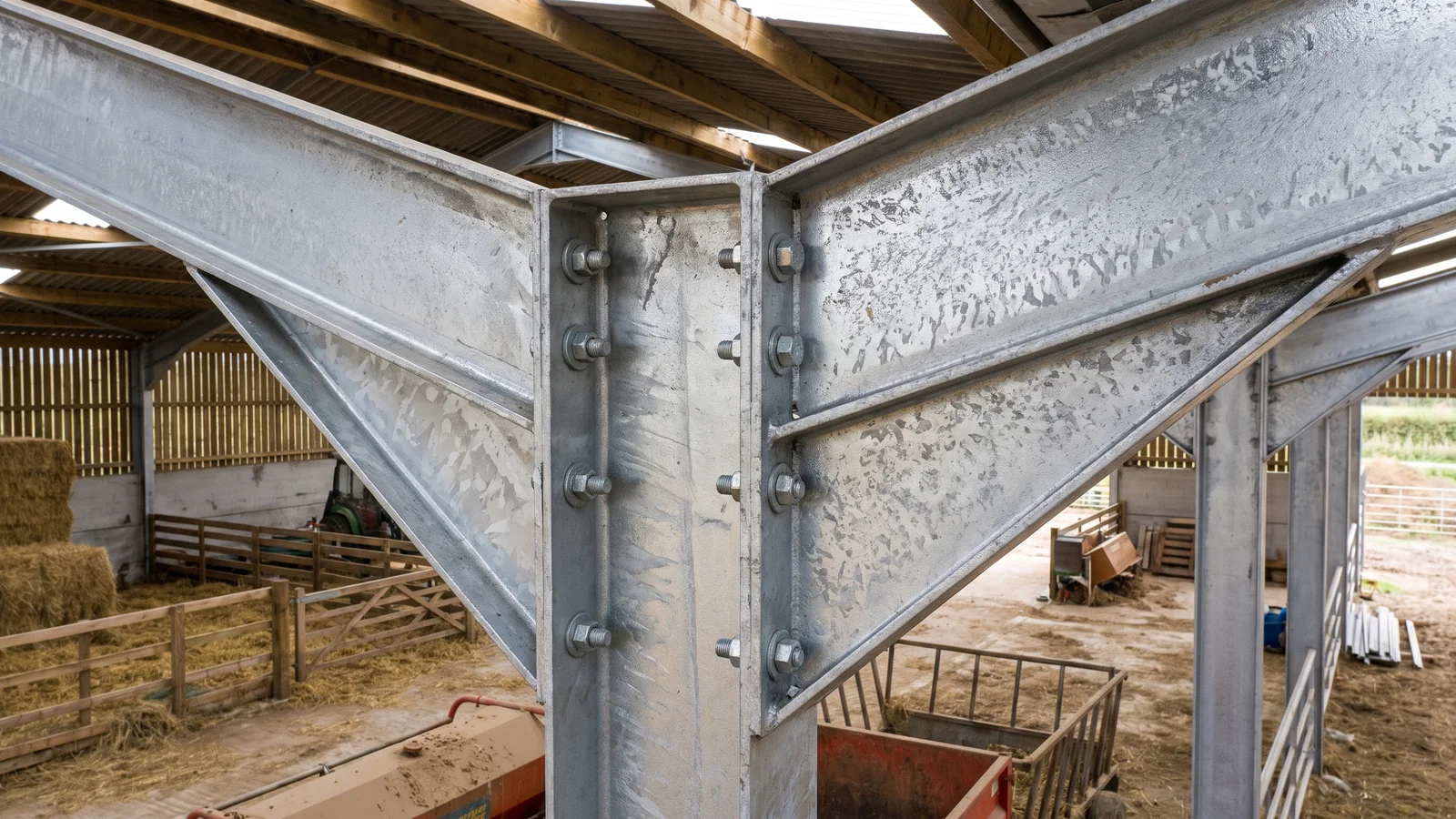 Poultry House Steel Connection Detail Bolted steel frame connection with galvanized members inside an agricultural building.