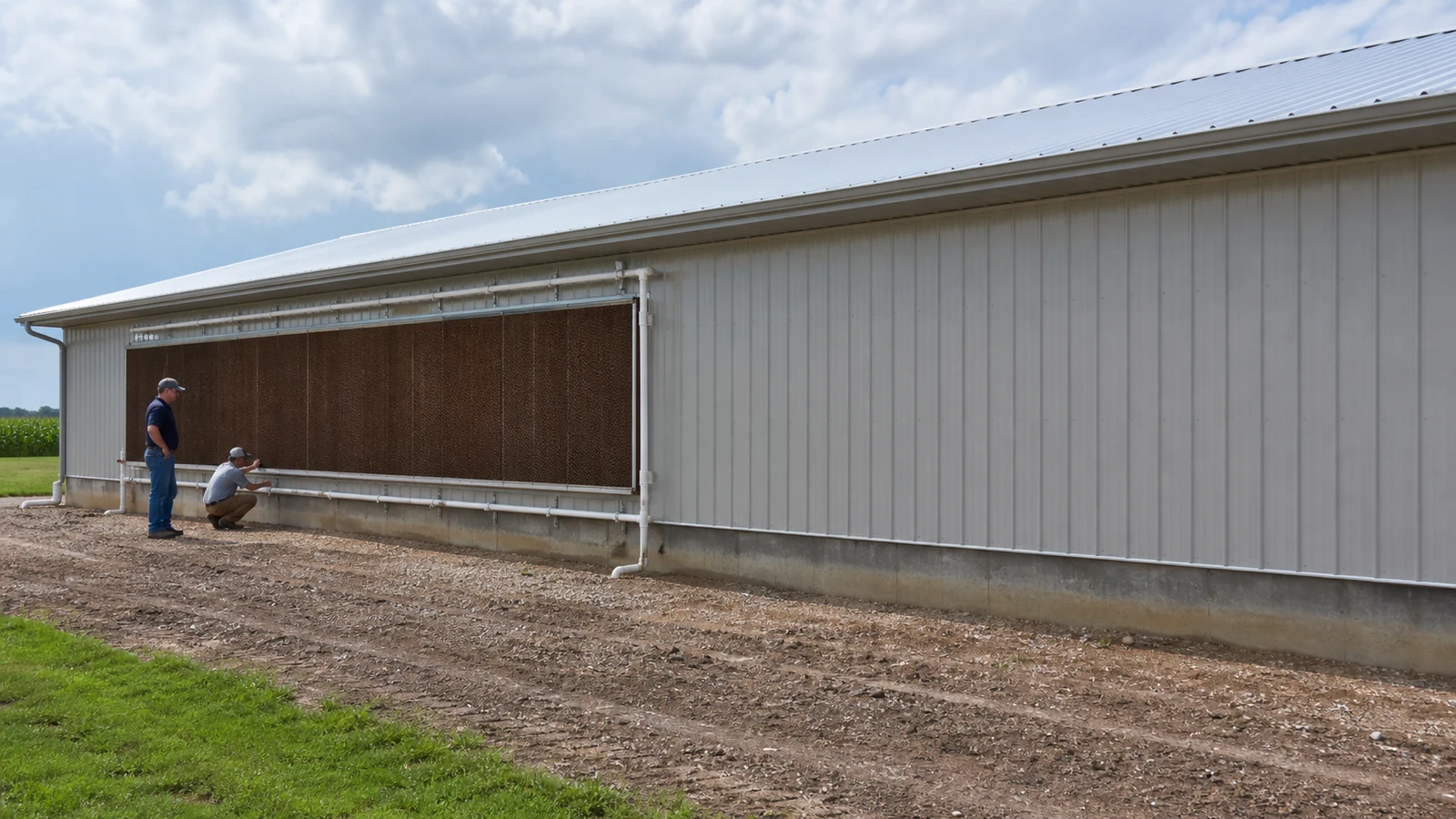 Steel chicken house has cooling pads on sidewalls opposite gable-mounted exhaust fans