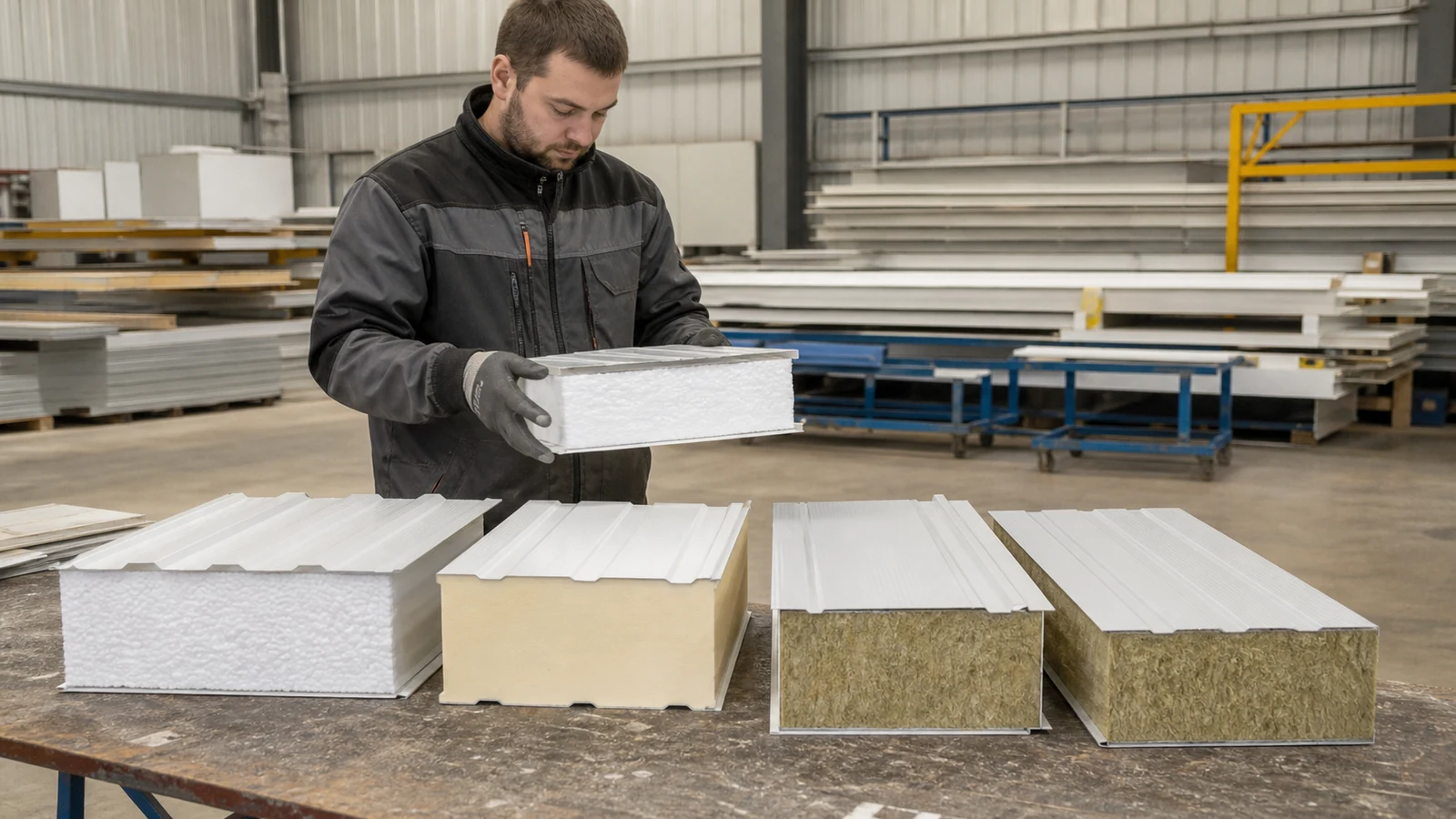 Technician compares foam and mineral-wool sandwich panel cores for a commercial poultry-house envelope.
