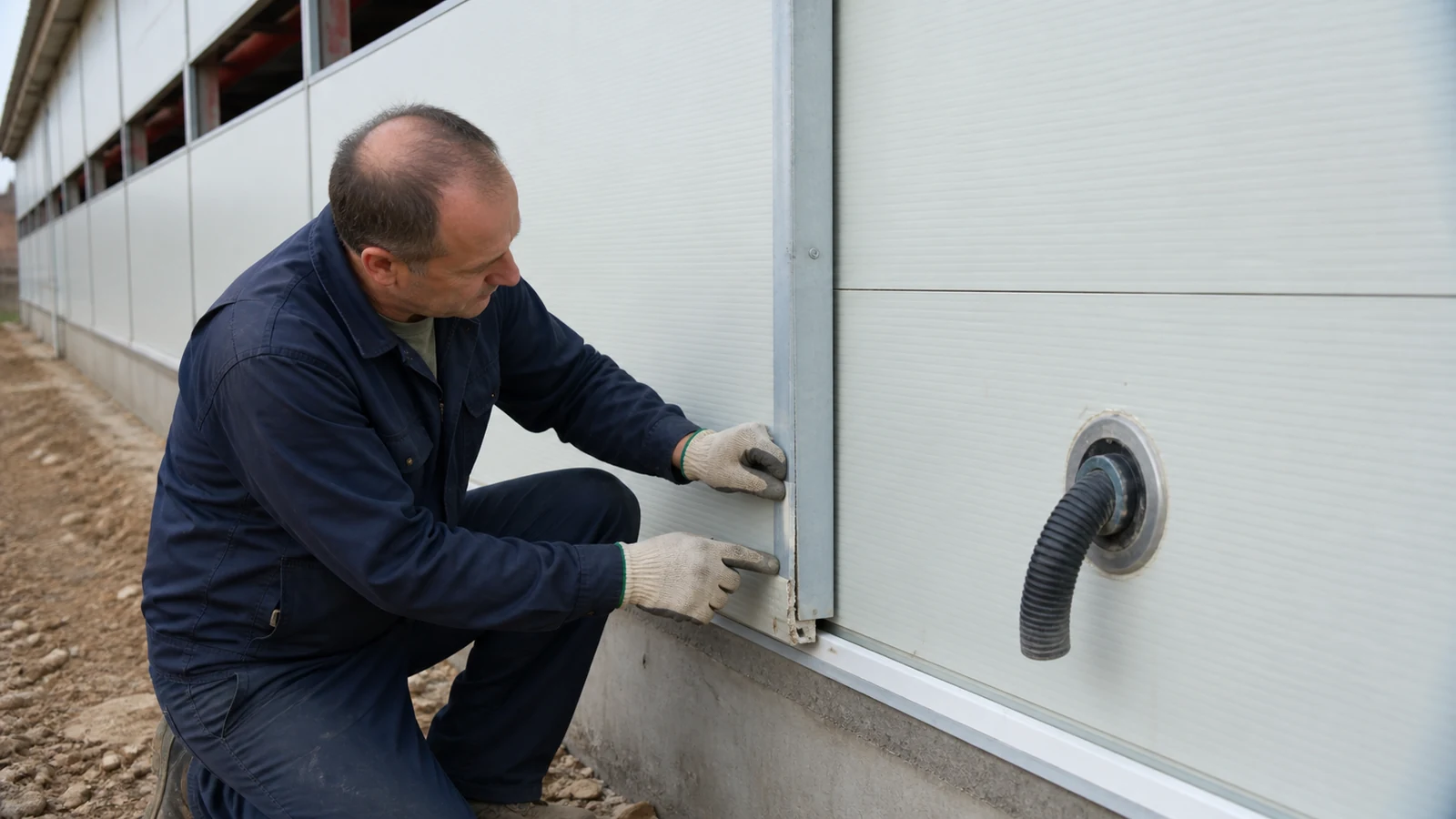 Inspector reviews a damaged insulated panel edge and sealed service penetration on a chicken-house wall.