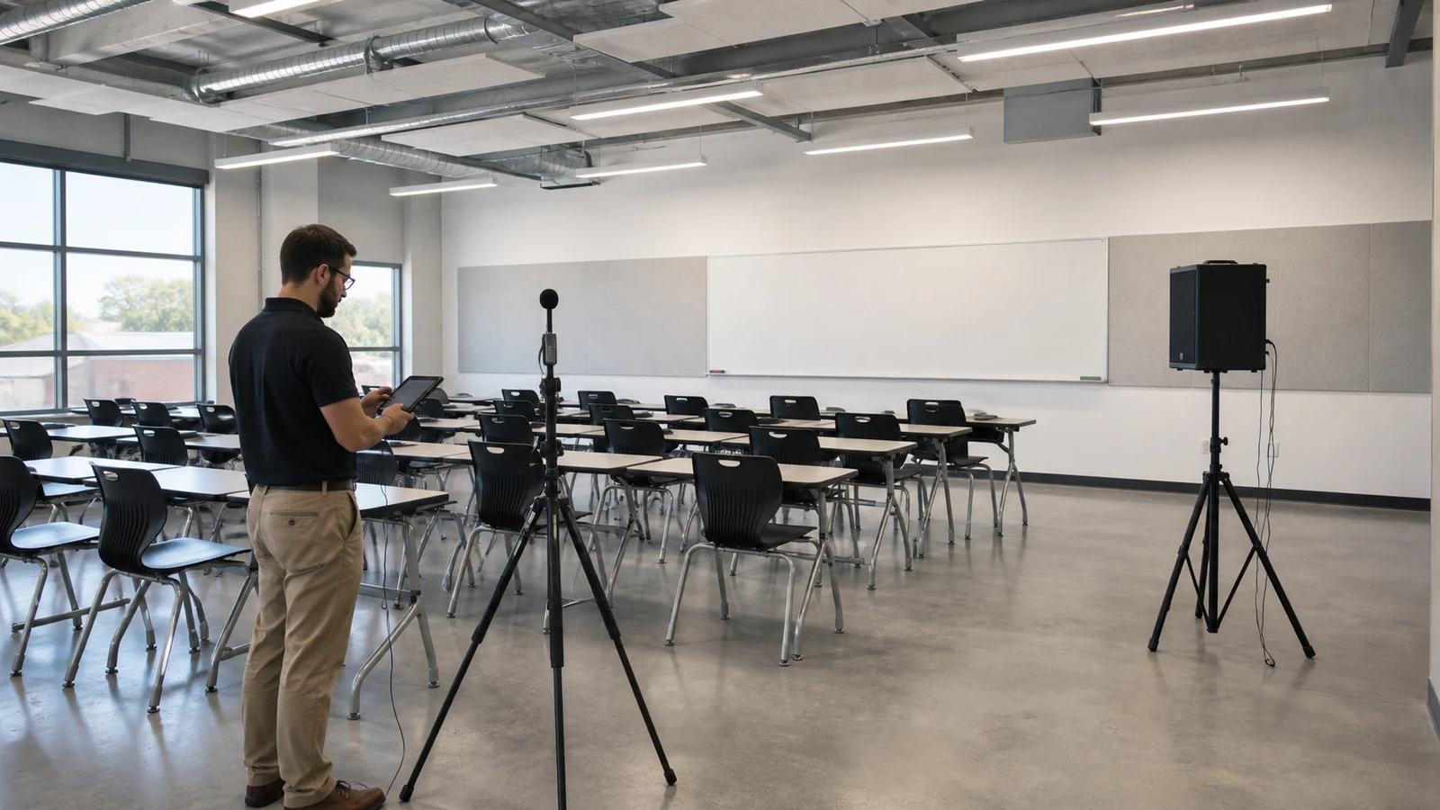 Acoustic consultant performs field measurements in a completed classroom.