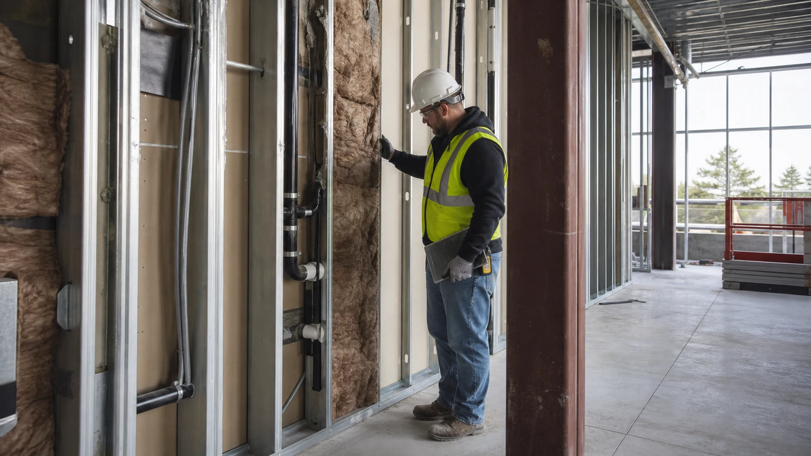 Inspector checks concealed acoustic seals before classroom wall closure.