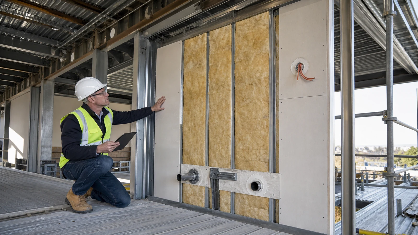 Trial classroom partition junction shows sealed deck flutes and service penetrations.