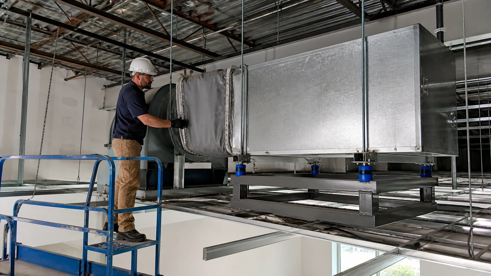 Technician checks vibration isolators and duct silencers above a school ceiling.