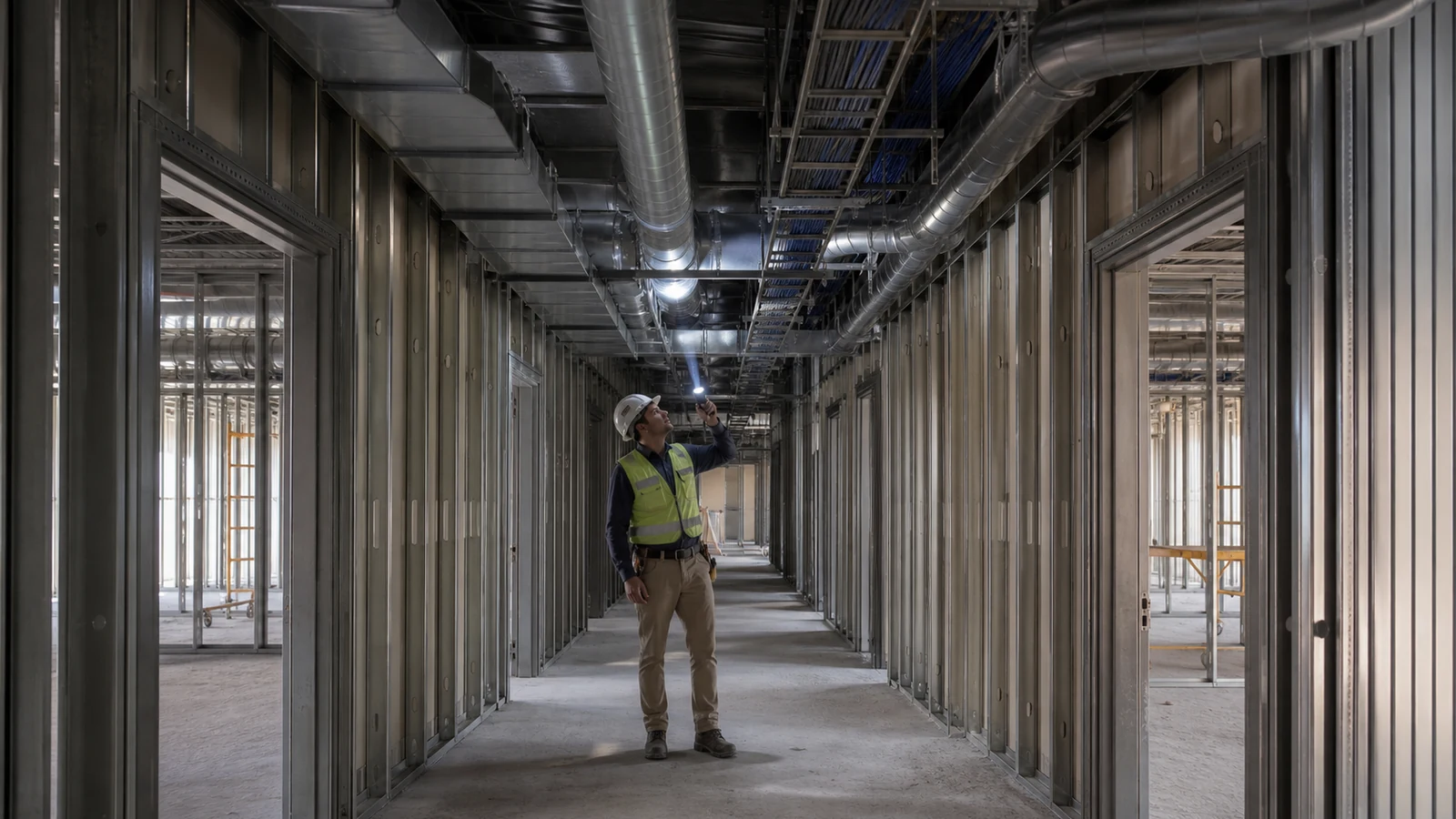 Contractor inspects duct and partition routes that can transmit sound between classrooms.