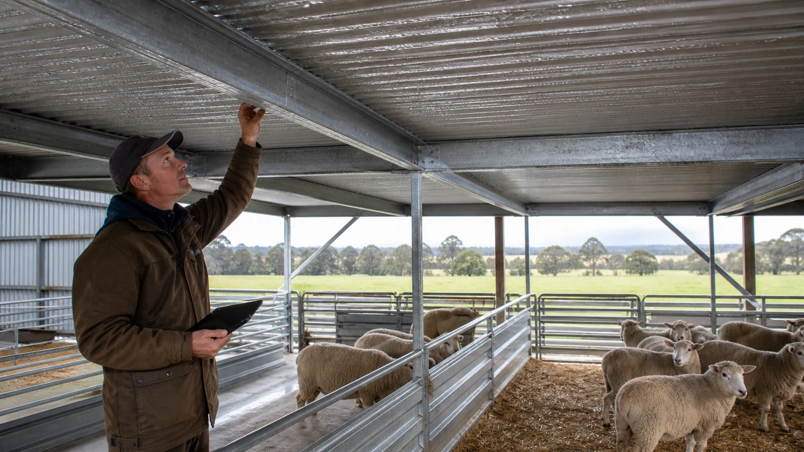 Inspector checks roof condensation and protected steel connections above dry bedding.