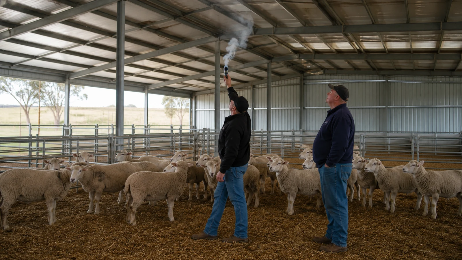 Technician uses smoke to inspect airflow above sheep resting areas.