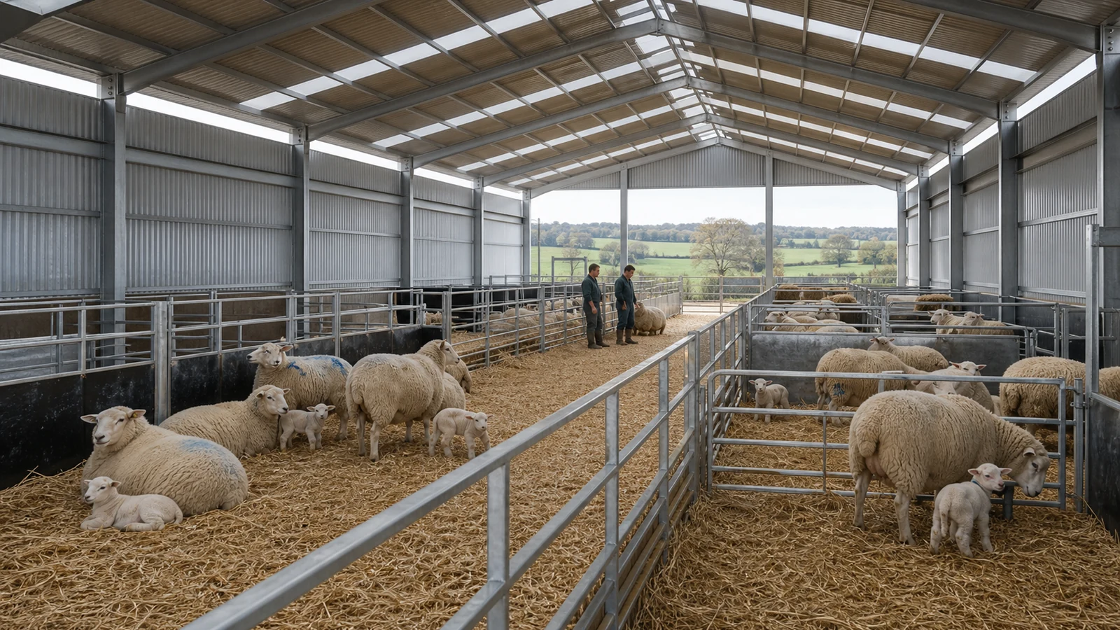 Adjustable lambing pens retain a clear high-level airflow path in a steel shed.