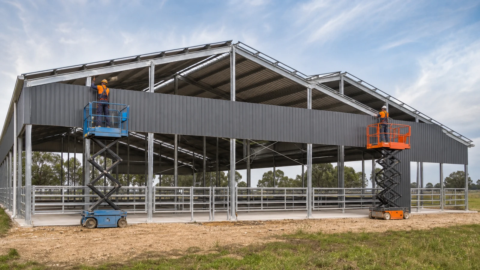 Steel roof, ridge opening, eaves inlet, bracing, and gutter are coordinated for airflow.