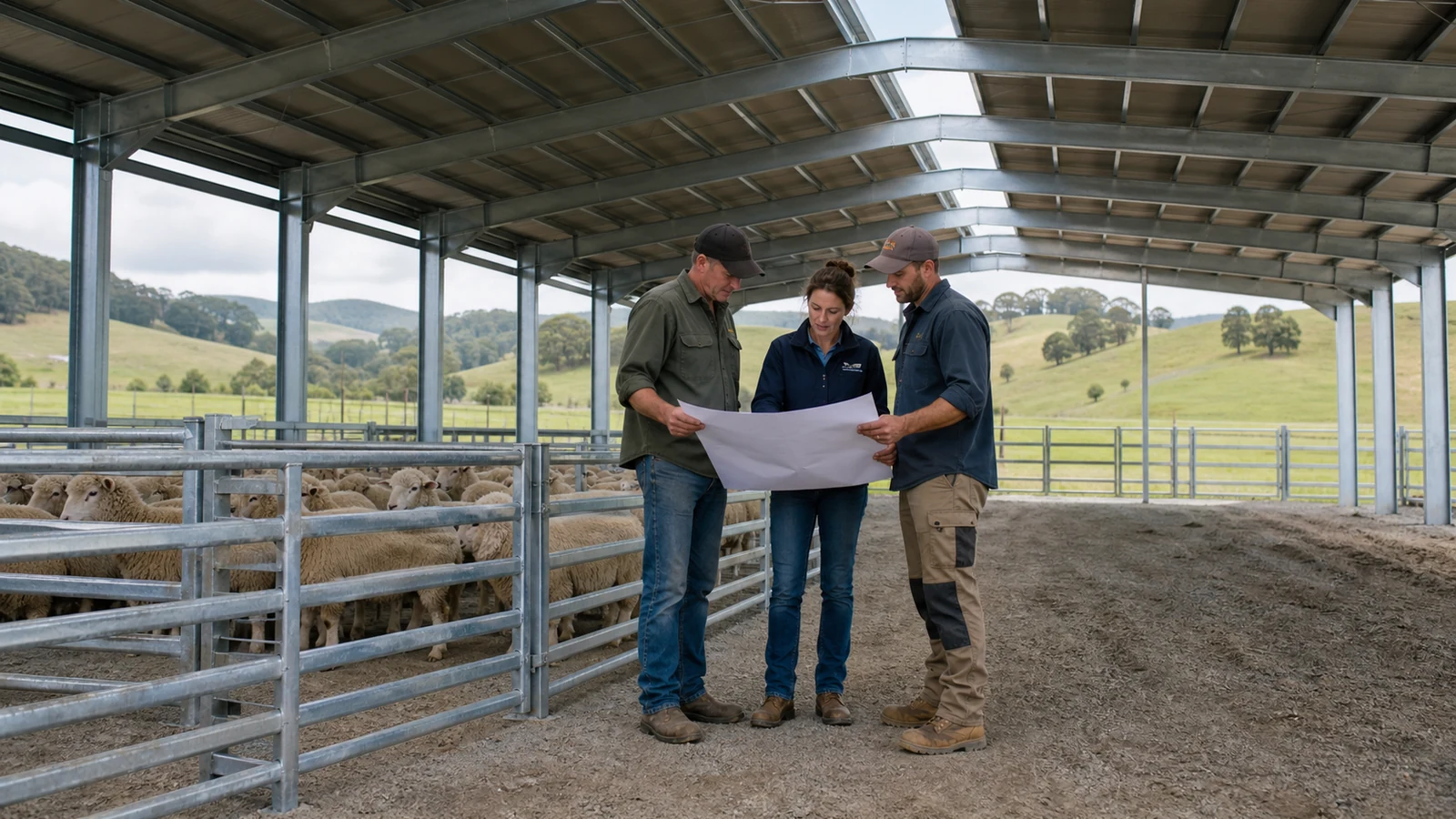 Farm operator and engineers review airflow zones inside a steel sheep shed.