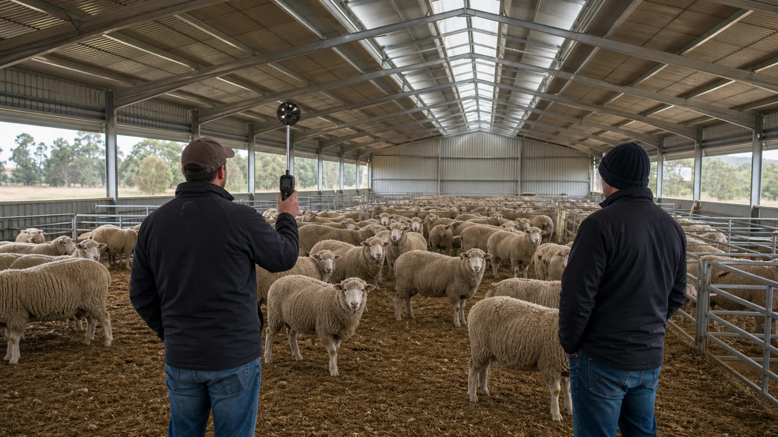 Ventilation team records humidity and airflow inside a completed sheep shed.