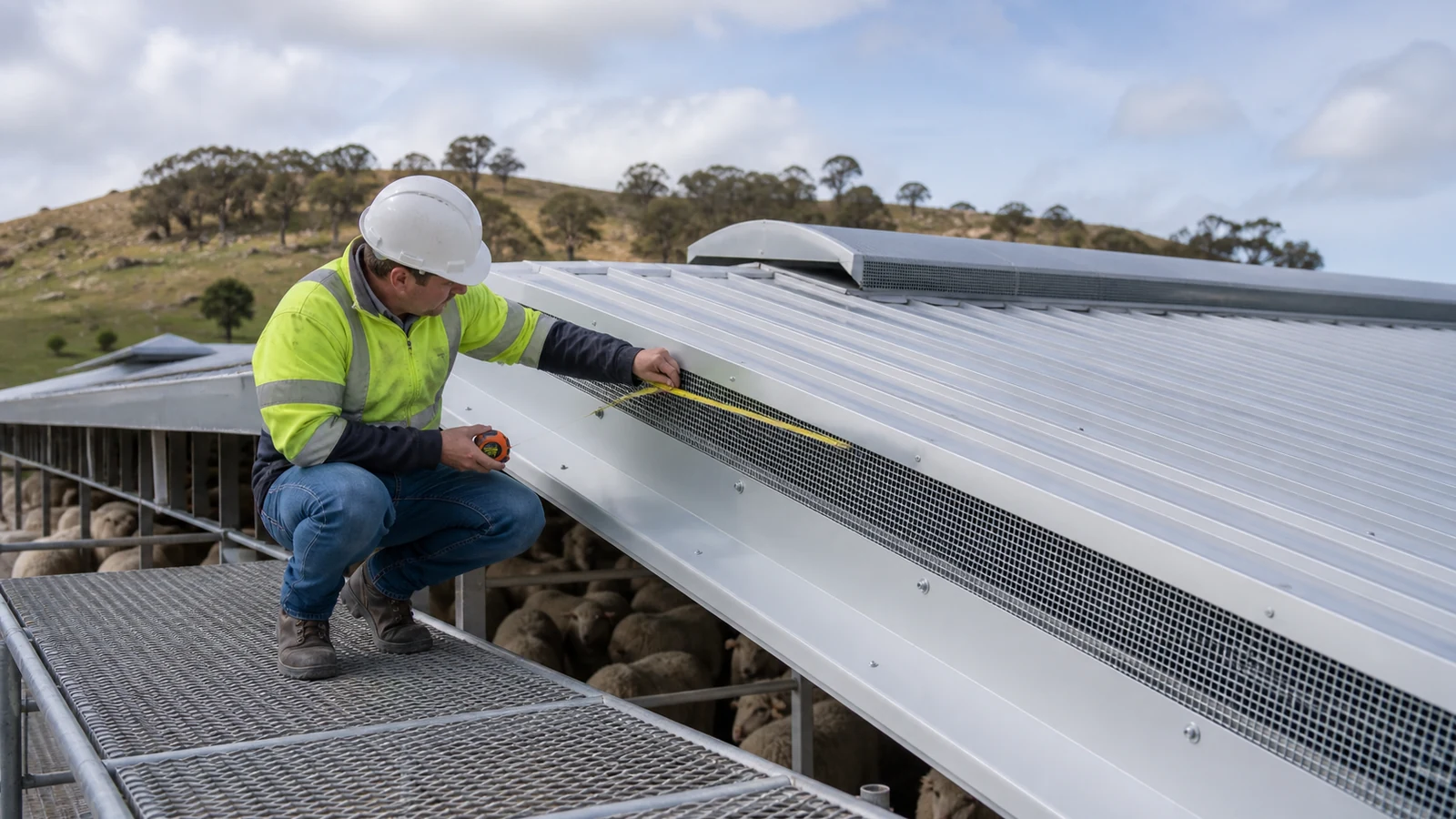 Inspector measures a trial ridge and eaves ventilation assembly before repetition.