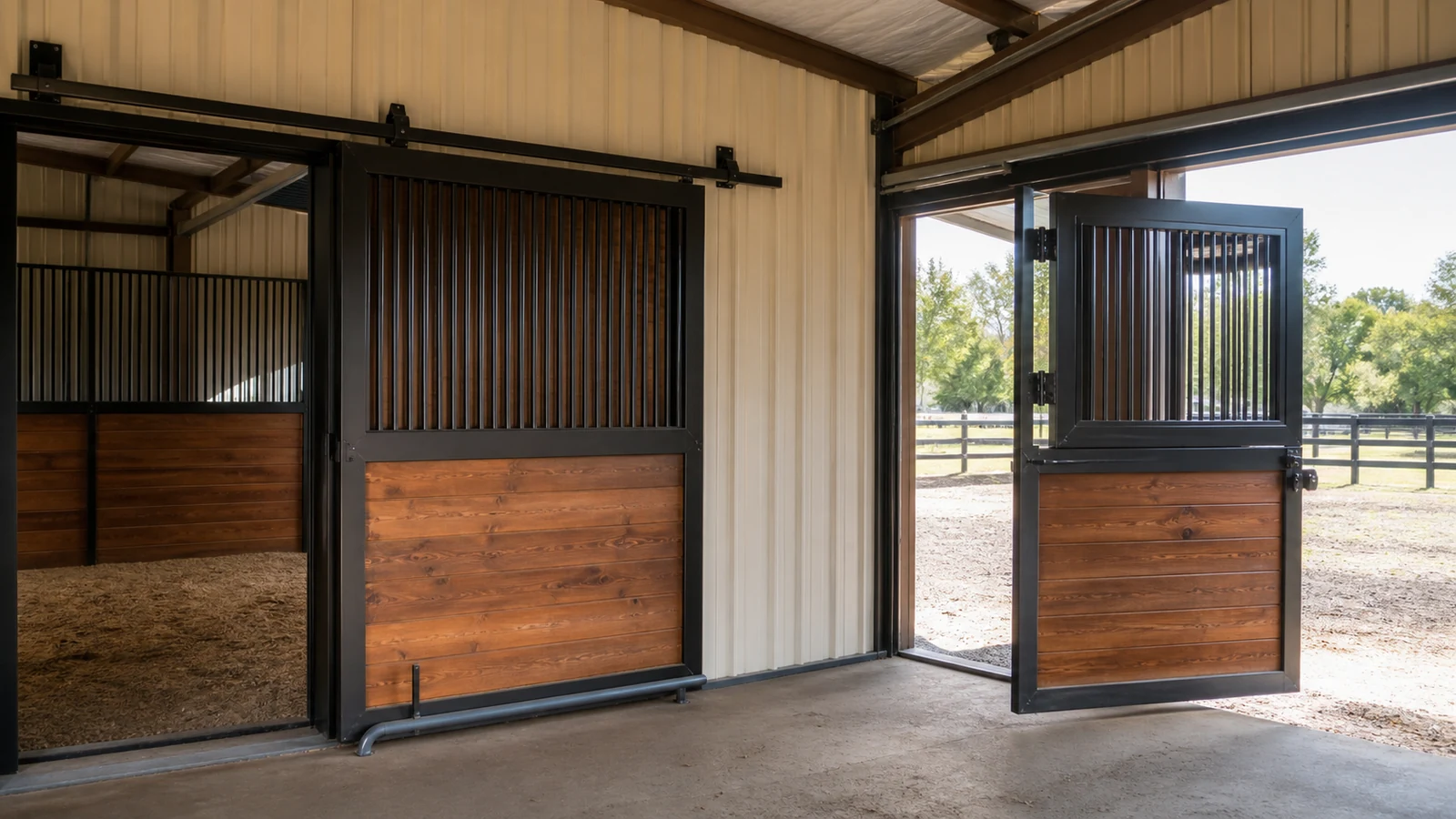 Sliding stall door and restrained Dutch door installed inside a working horse barn