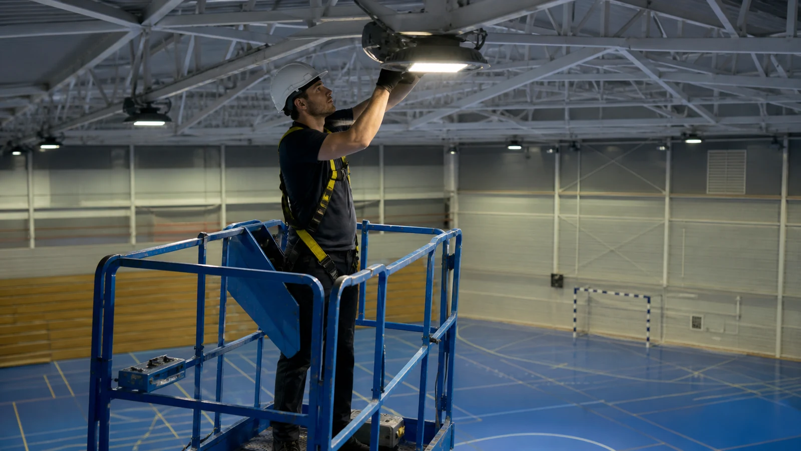 Technician safely services a high sports luminaire from a mobile elevated platform
