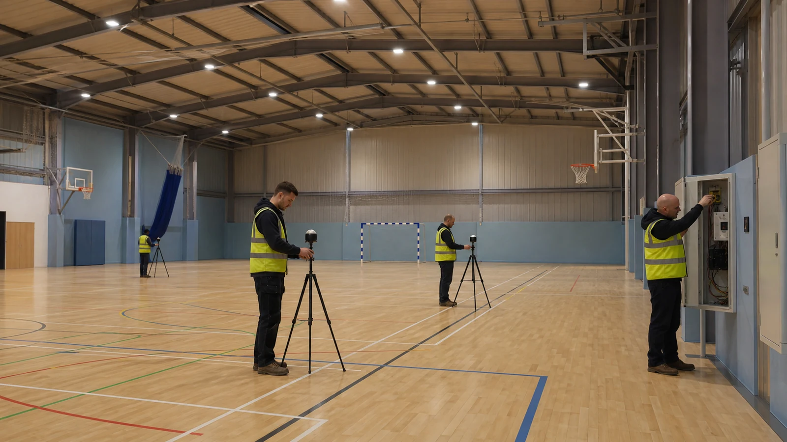 Commissioning team measures court lighting across a marked indoor sports surface