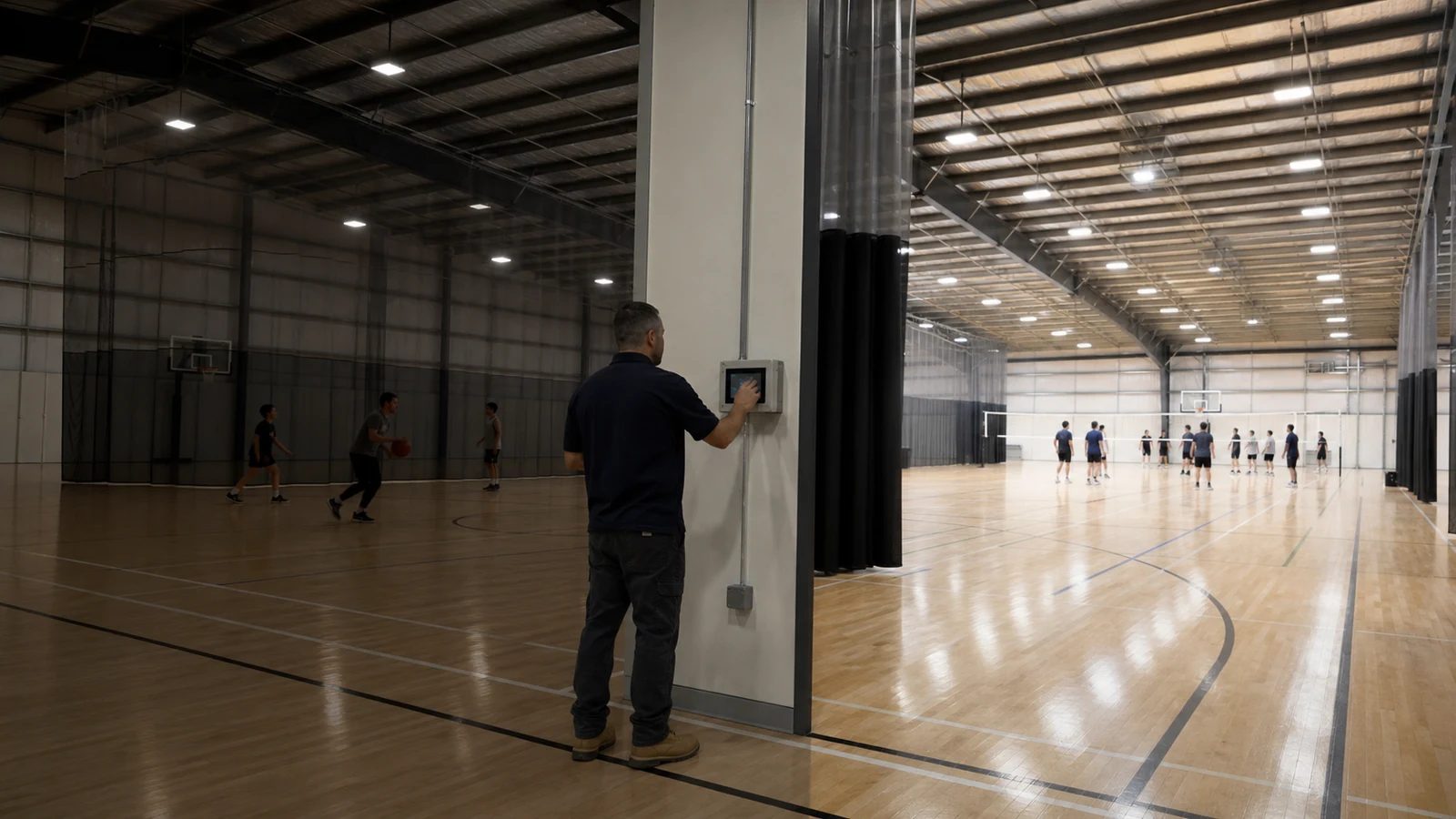 Facility operator adjusts lighting zones for divided courts inside a sports hall