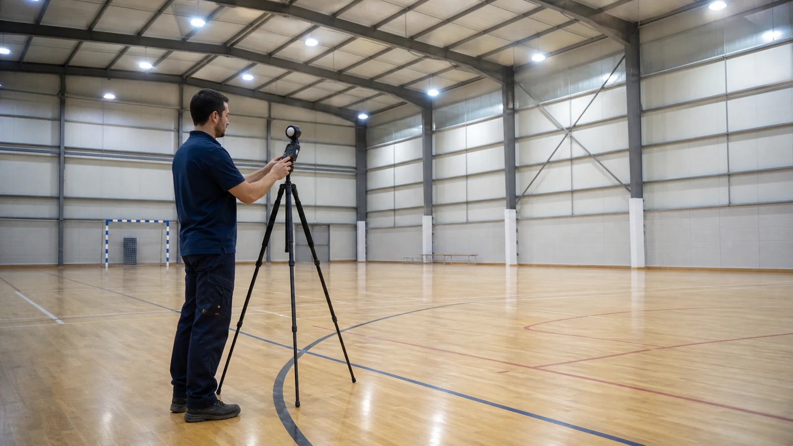 Lighting engineer checks indoor court illumination using professional measuring equipment