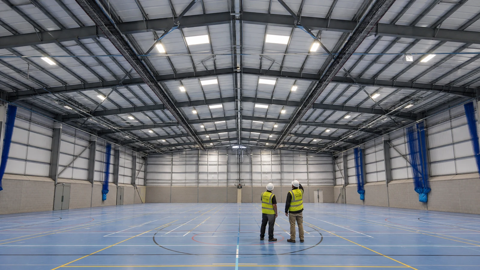 Wide steel sports hall shows coordinated roof trusses, services, and LED fixtures
