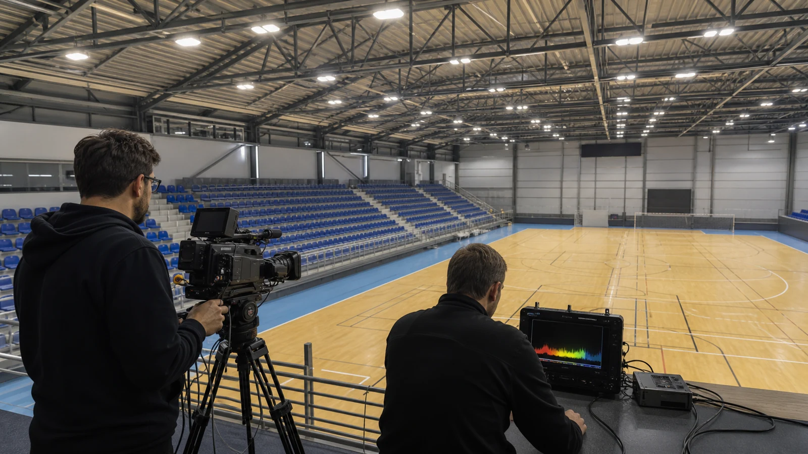 Technicians test LED sports lighting with professional video equipment in an indoor hall