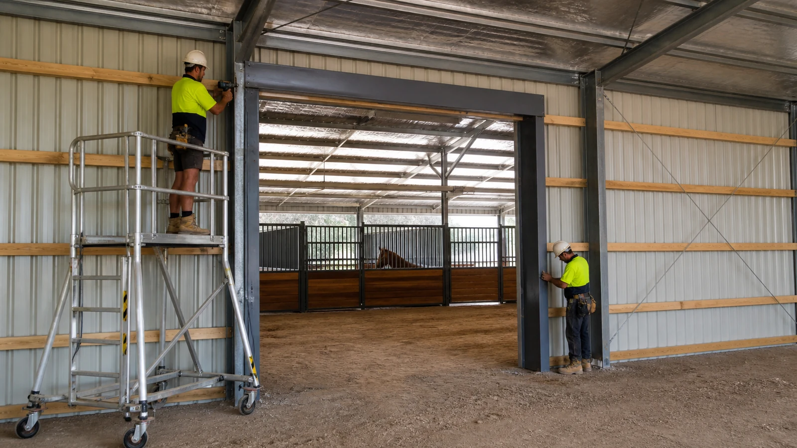 Workers install reinforced steel jamb and head framing for a heavy barn door