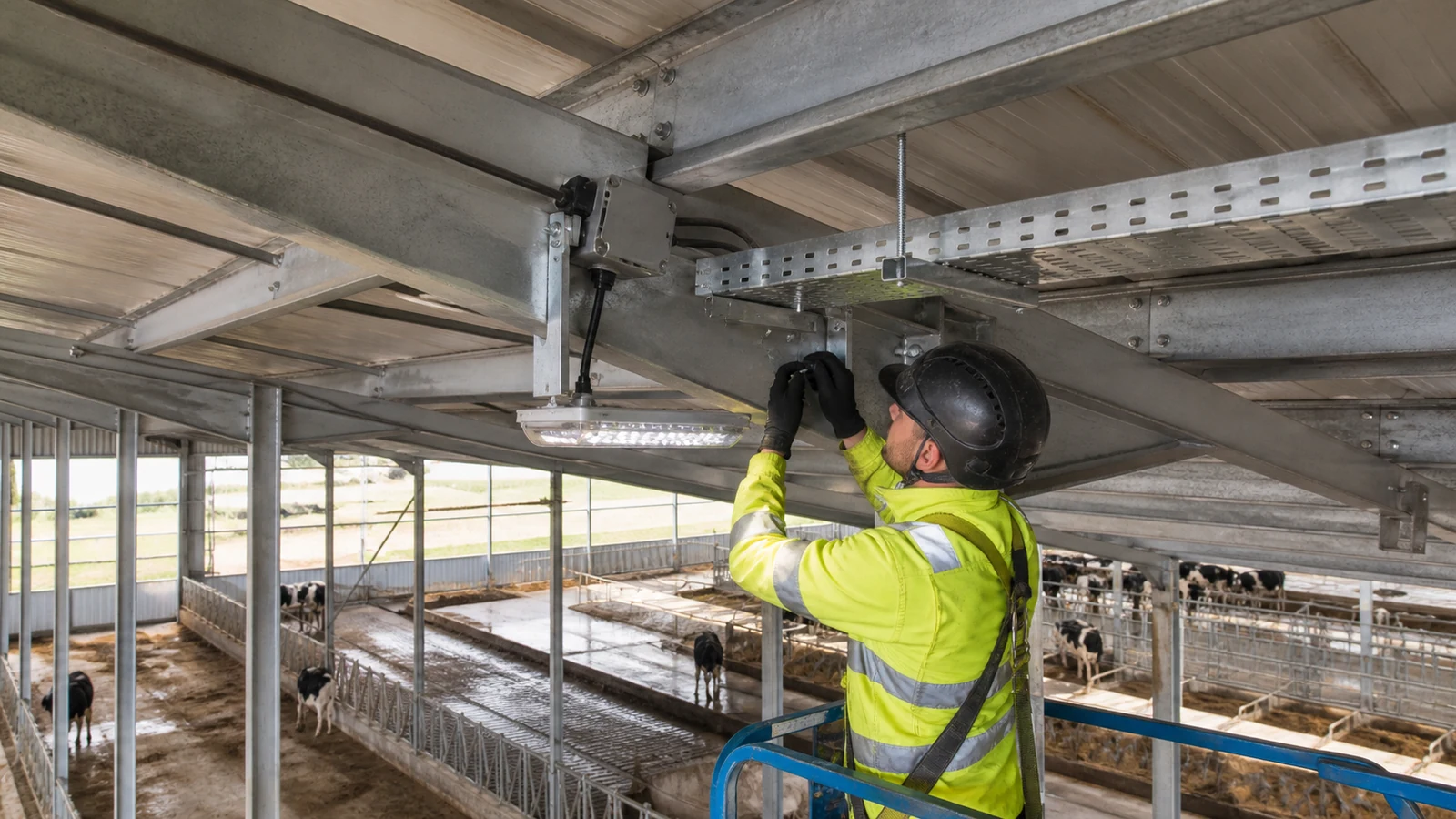 Close view of a sealed light bracket and cable tray attached to steel secondary framing