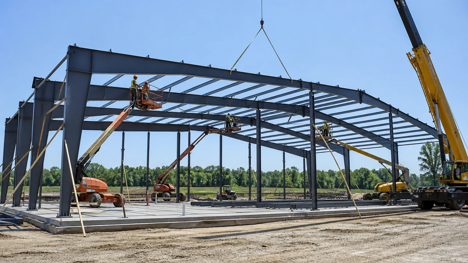 Crew erects a clear-span steel gym frame with temporary bracing and safe access equipment.