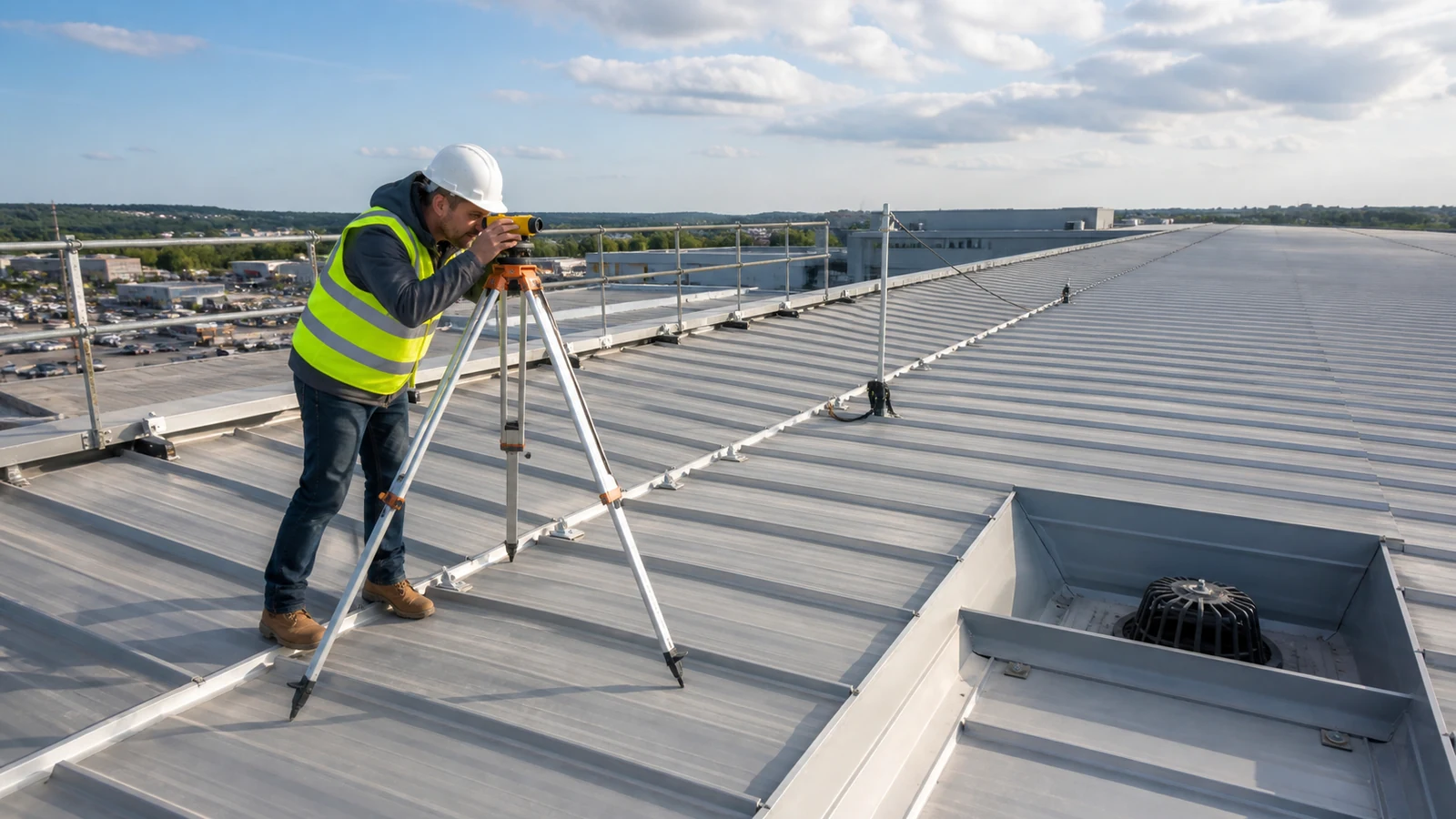 Surveyor checks steel roof levels near gutters and outlets to control ponding.